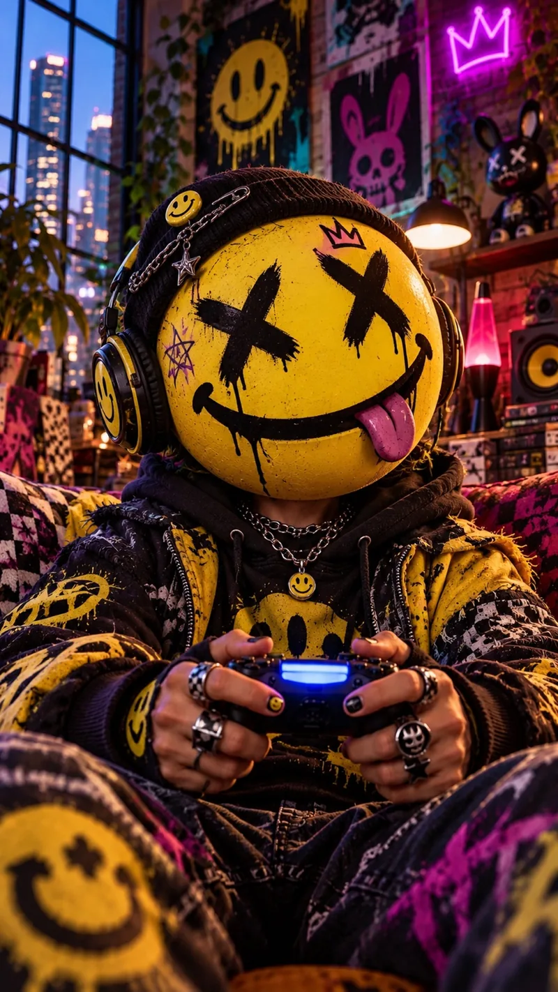 A player in a yellow smiley mask and headphones, controller in hand
